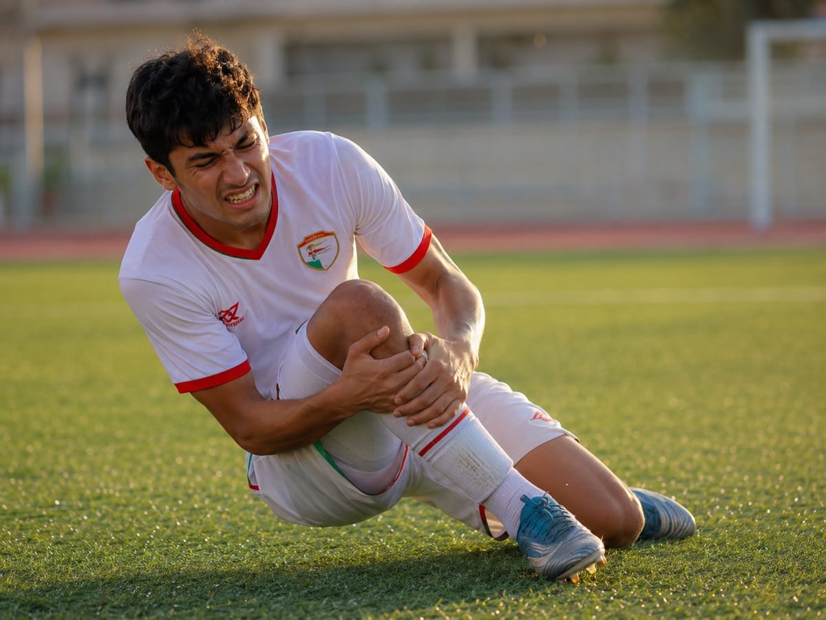 An athlete clutching the knee at the moment of a twisting ligament injury.