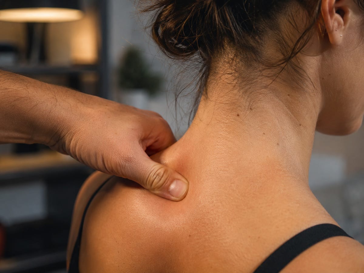A therapist pressing a trigger point in the upper trapezius muscle.