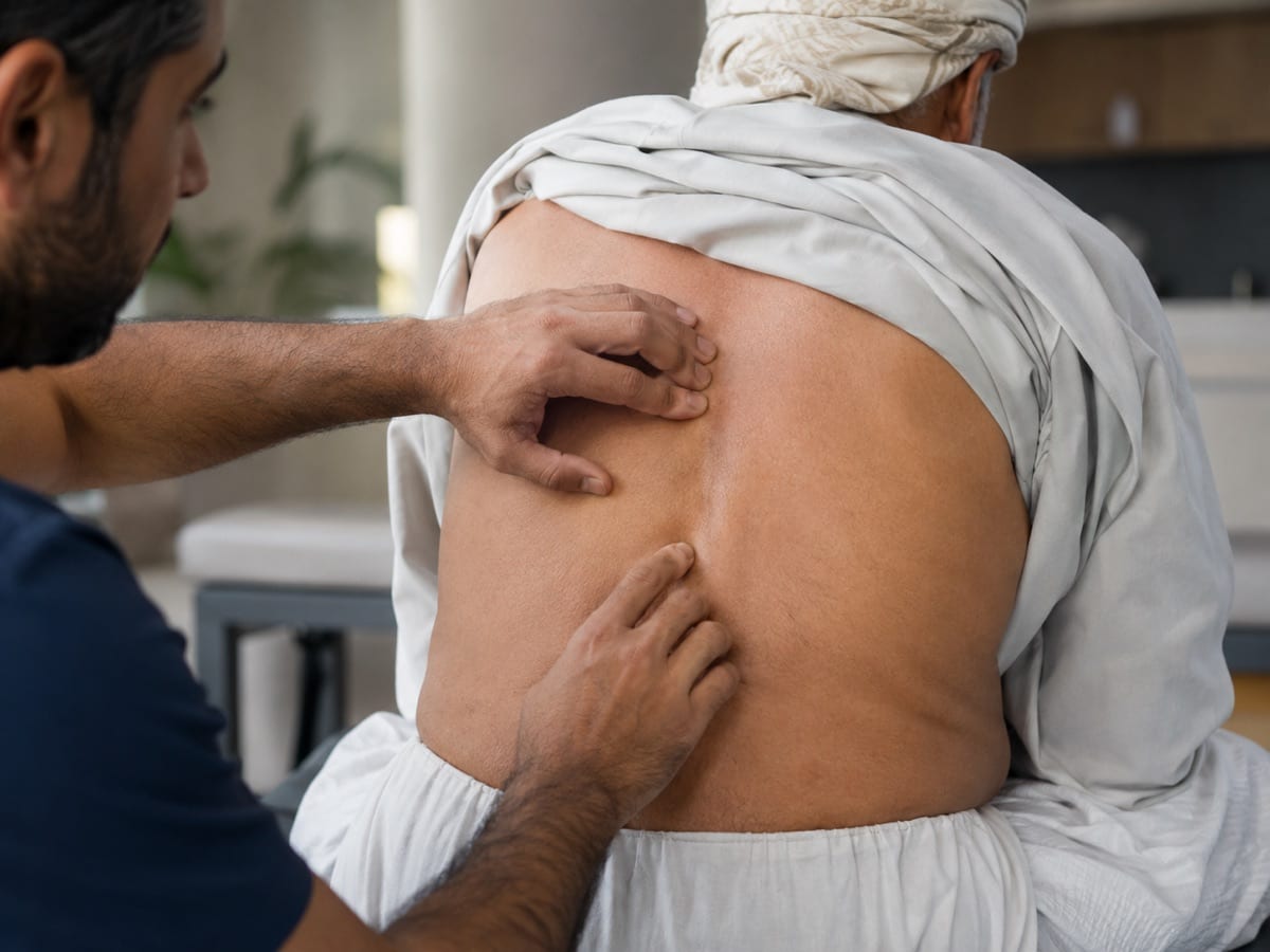 A clinician palpating the vertebrae of a patient's lower back during a spine assessment.