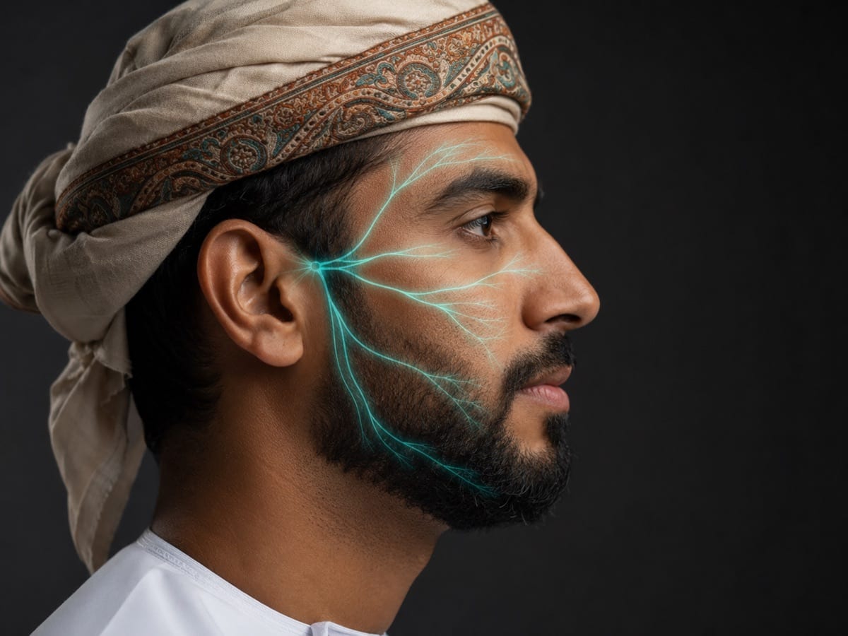 The three branches of the trigeminal nerve traced across a face, depicting trigeminal neuralgia.